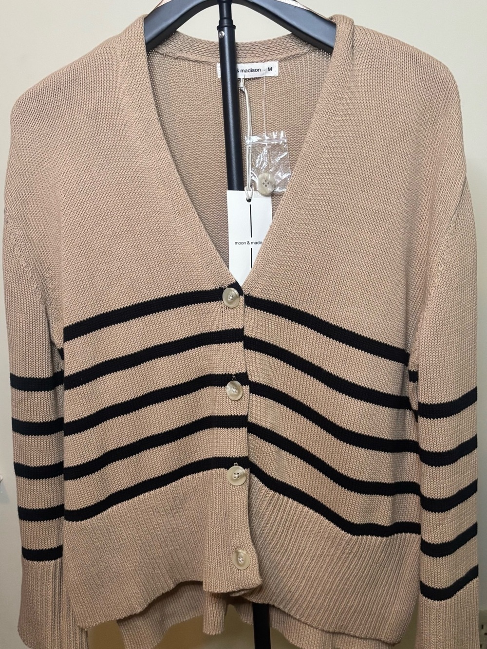 moon & madison Tan and Black Striped V-Neck Cardigan